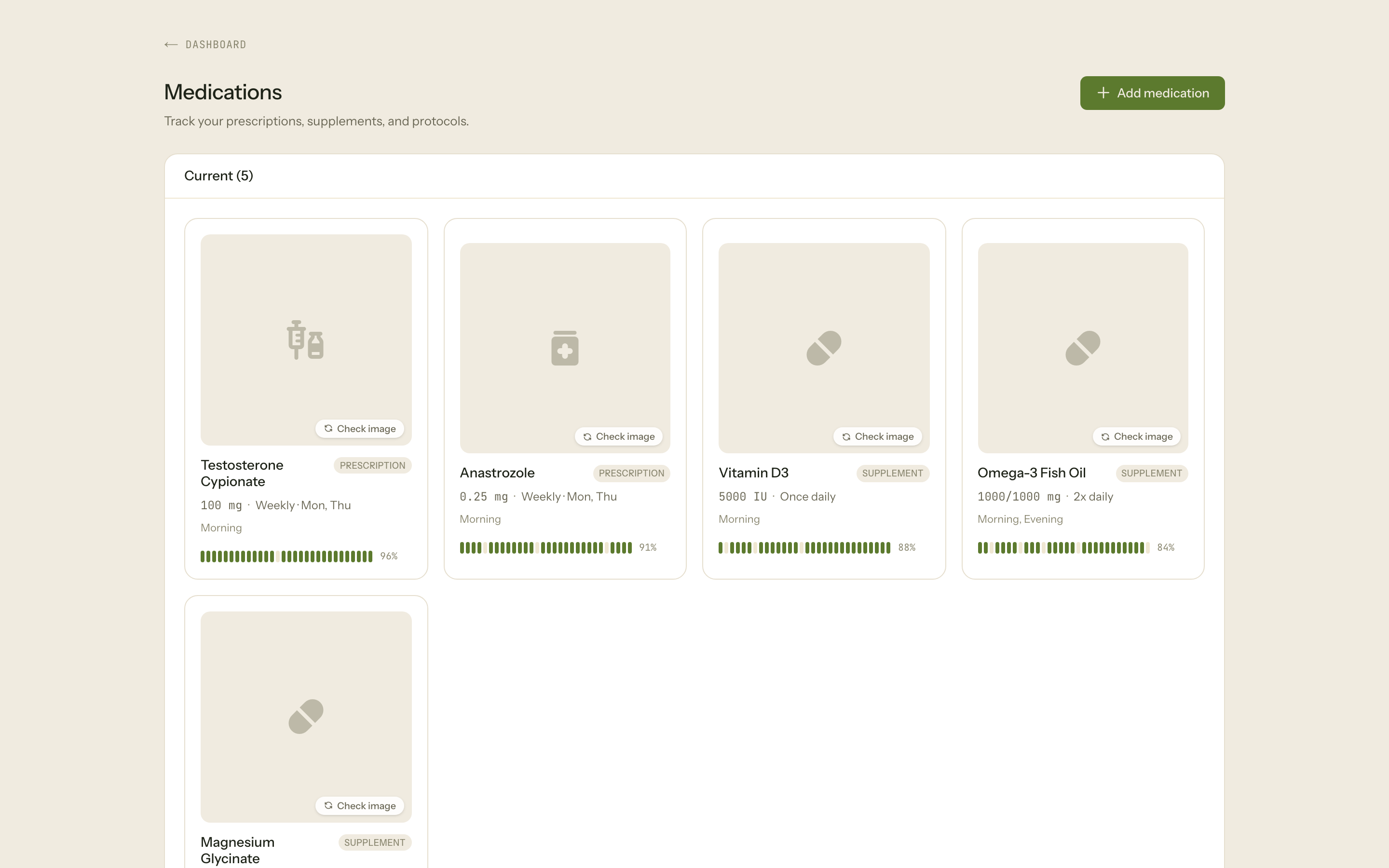 Medications screen with cards for each prescription and supplement showing dose, schedule and an adherence history bar
